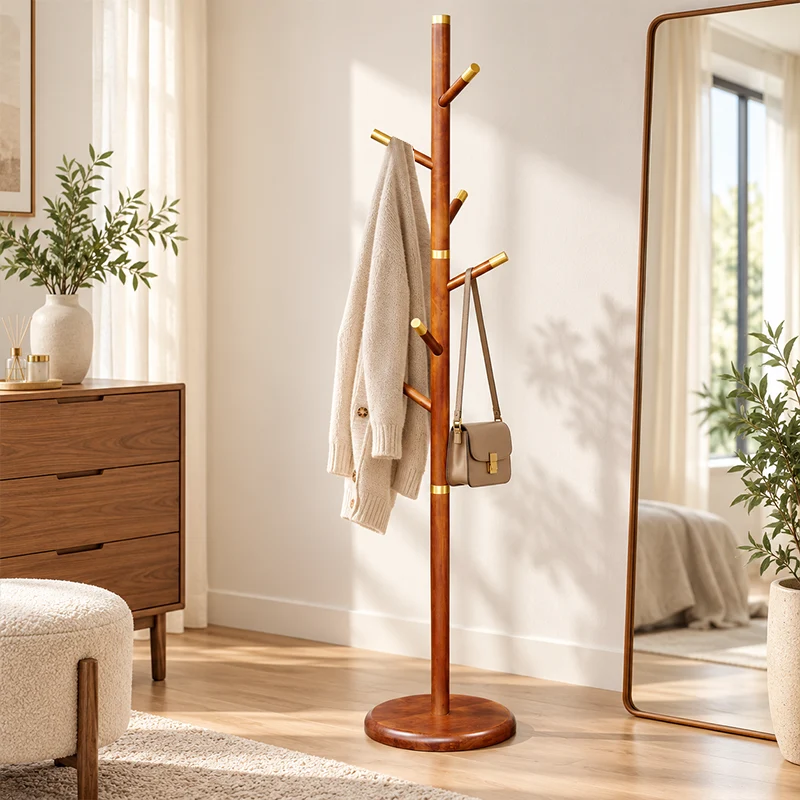 Mid-Century Vintage Wooden Coat Rack: Rubberwood With Copper Hook - Freestanding Hall Tree & Clothes Hanger For Entryway
