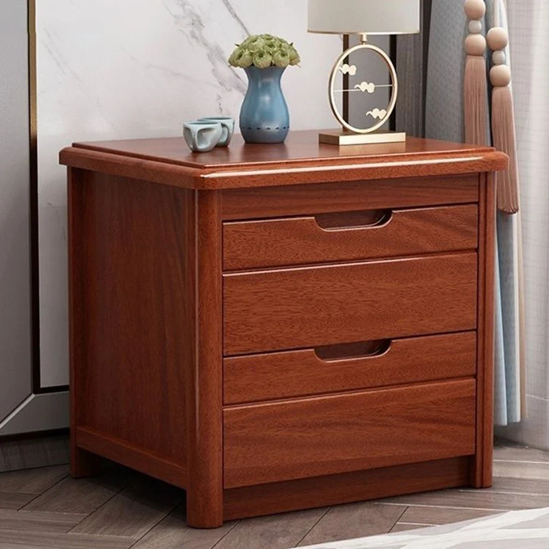 Traditional Chinese Square Rectangular Rubberwood Solid Wood Plywood Nightstand 2-Drawer For Bedroom
