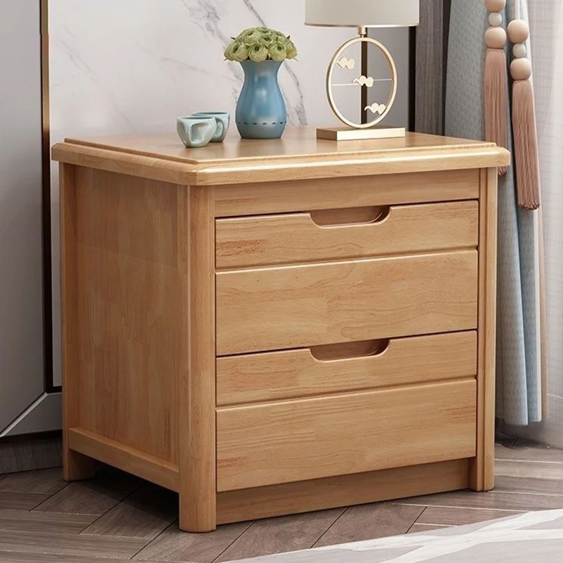 Traditional Chinese Square Rectangular Rubberwood Solid Wood Plywood Nightstand 2-Drawer For Bedroom
