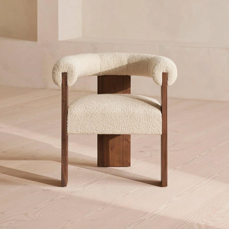 Modern Minimalist Ash Wood Sherpa Fabric Rounded Rectangular Lounge Chair With Armrests Backrest For Living Room