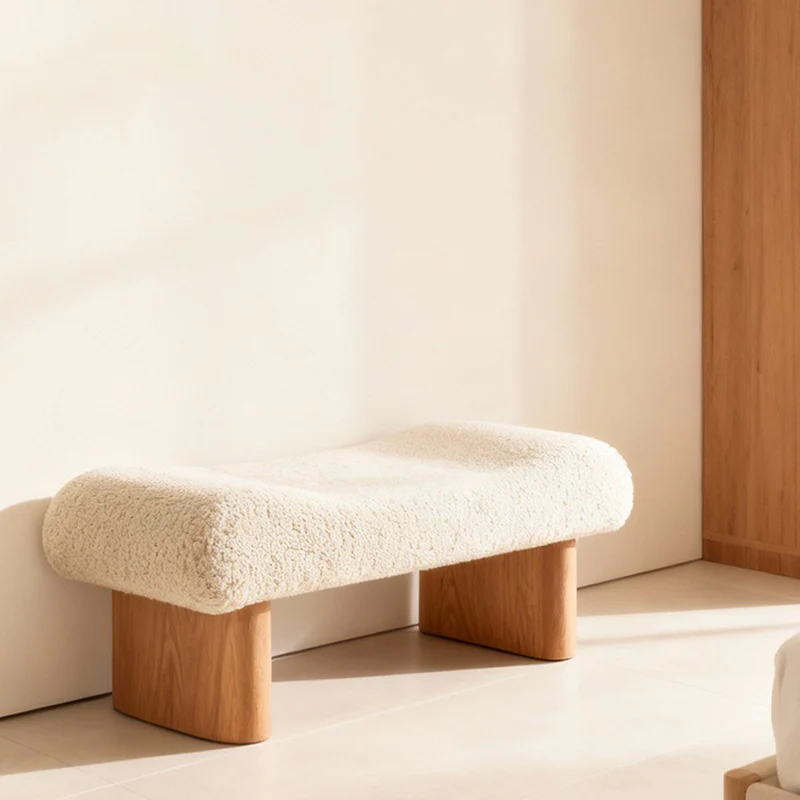 Contemporary Scandinavian Sherpa Fabric Pine Wood Curved Square Shoe Bench For Living Room