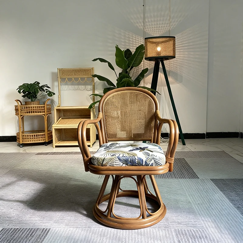 Traditional Chinese Indonesian Rattan Fabric Round Curved Accent Chair With Armrests Backrest For Living Room