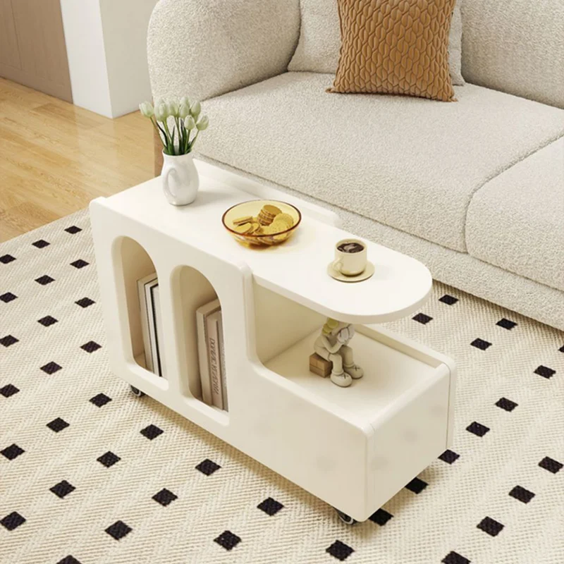 Contemporary Scandinavian Engineered Wood Arched Curved Square Mobile Coffee Table With 2-Tier Storage For Living Room