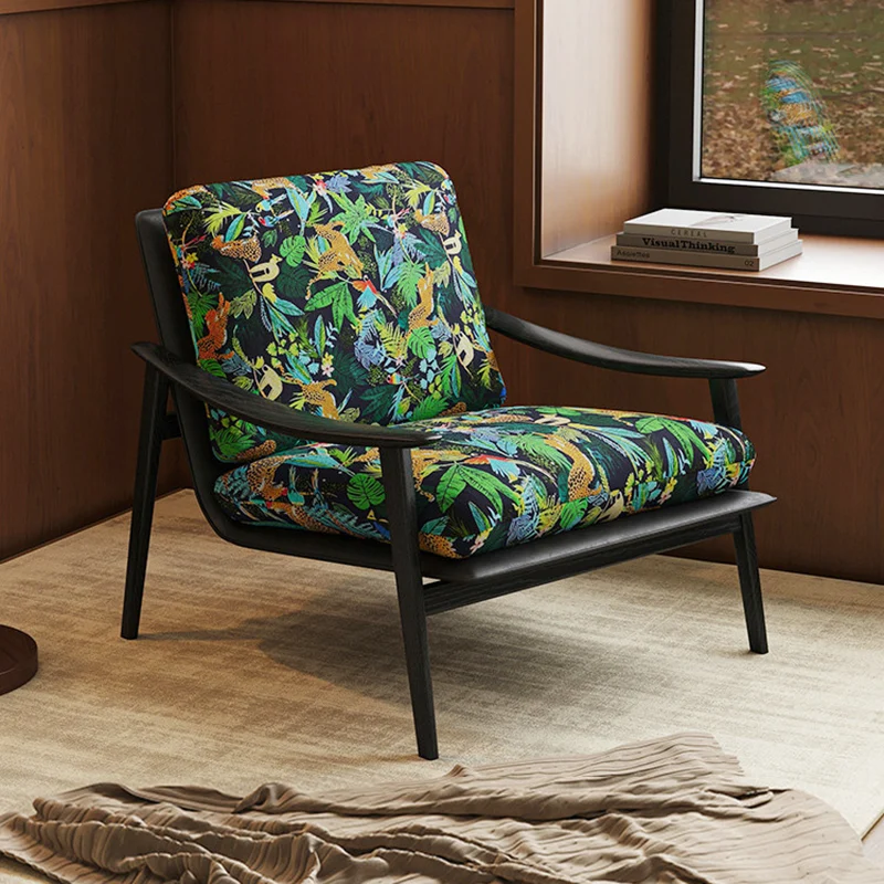 Modern Minimalist Curved Rectangular Jacquard Fabric Ash Wood Solid Wood Accent Chair Backrest Armrest For Living Room