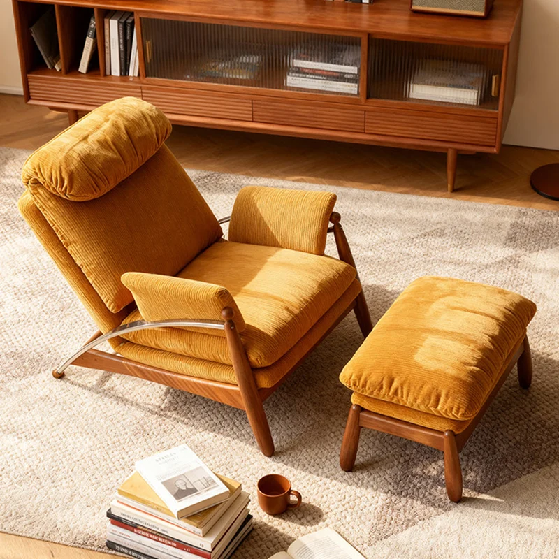 Traditional Vintage Rectangular Corduroy Stainless Steel Solid Wood Adjustable Accent Chair Backrest Armrest For Living Room