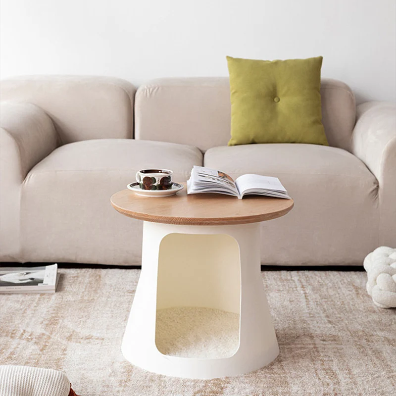 Contemporary Creative Cylindrical Solid White Oak PP Cat Bed Coffee Table 2-Tier For Living Room