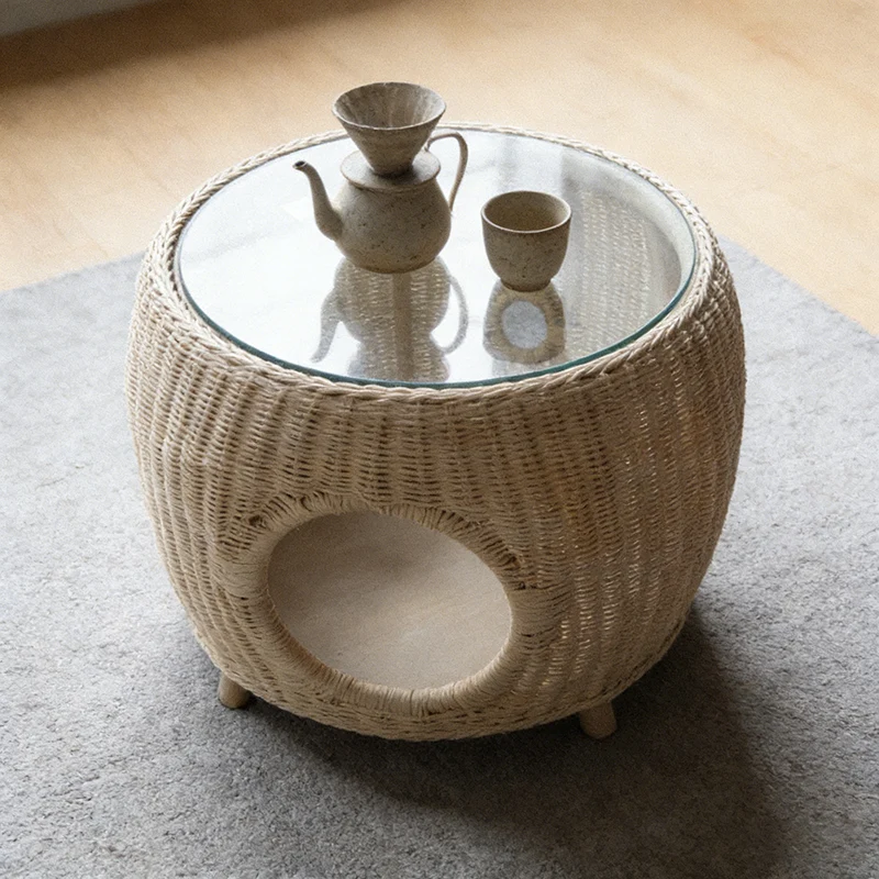 Contemporary Creative Cylindrical PE Rattan Glass Cat Bed Coffee Table 2-Tier For Living Room