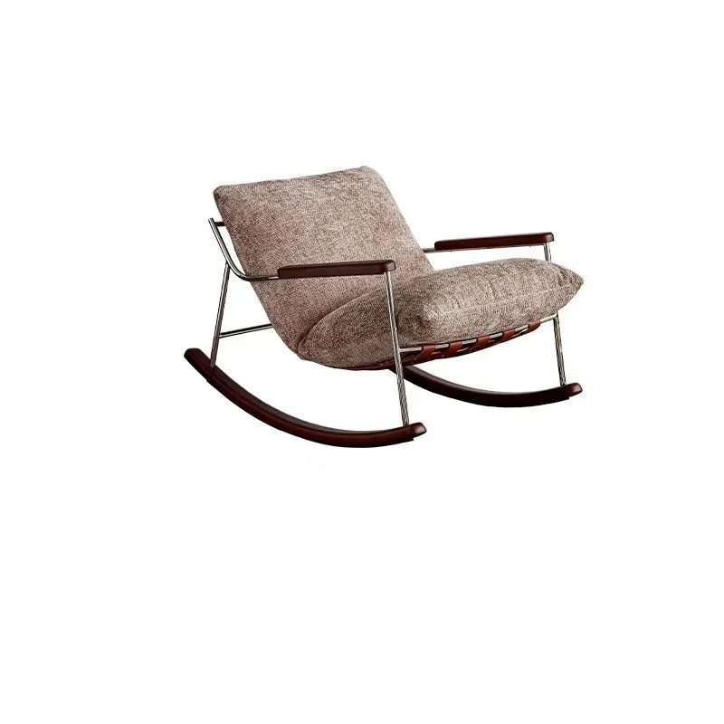 Modern Minimalist Square Rectangular Chenille Ash Wood Stainless Steel Saddle-Style Faux Leather Removable Rocking Chair Backrest Armrest For Living Room