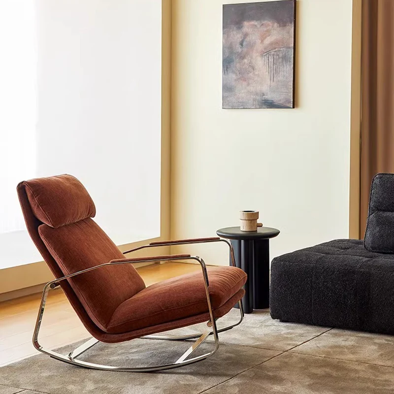Modern Minimalist Rectangular Curved Chenille Fabric Multi-layer Plywood Stainless Steel Rocking Chair Backrest Armrest For Living Room