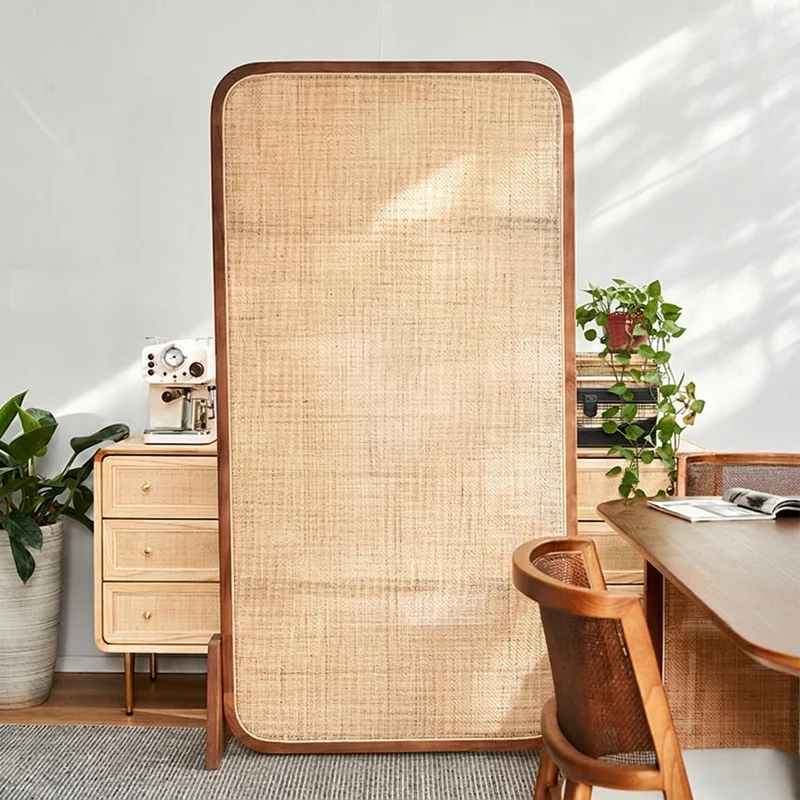 Traditional Japanese Rectangular Ash Wood Rattan Room Divider For Living Room