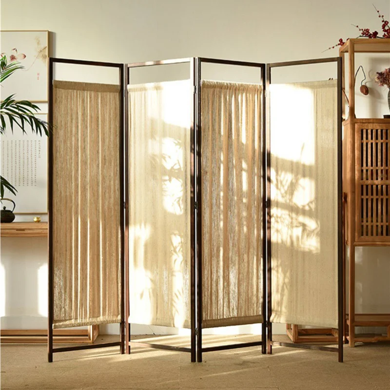 Traditional Chinese Rectangular Pine Wood Linen Fabric Folding Room Divider For Living Room