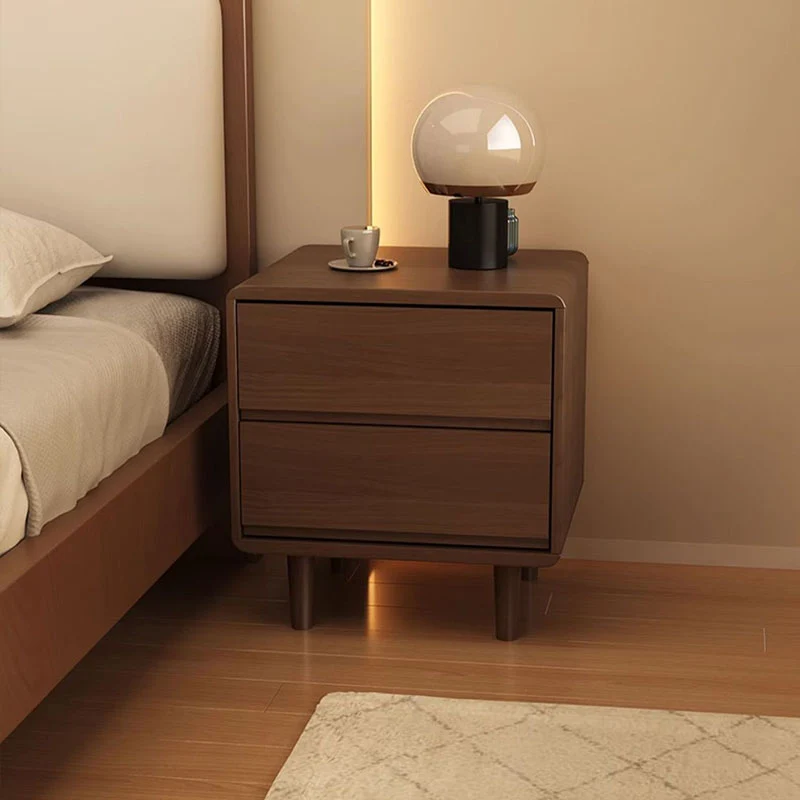 Modern Minimalist Rectangular Hidden Handle Design Rubberwood Plywood Nightstand 2-Drawer For Bedroom