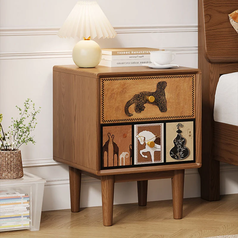Contemporary Retro Square Rounded Corner Anti-Collision Design Rubberwood Plywood Hardware Nightstand 2-Drawer For Bedroom