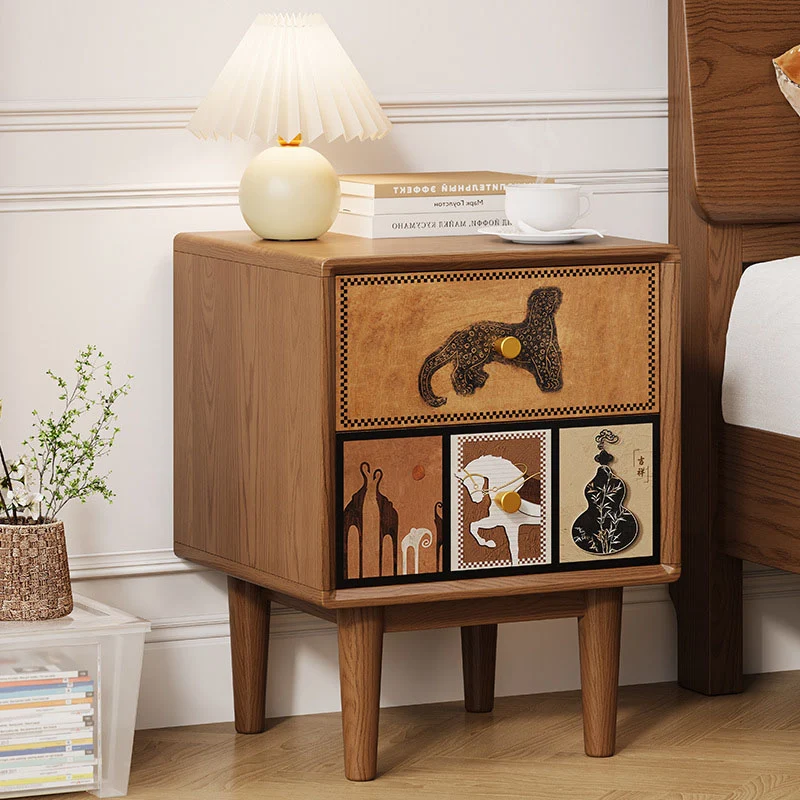 Contemporary Retro Square Rounded Corner Anti-Collision Design Rubberwood Plywood Hardware Nightstand 2-Drawer For Bedroom