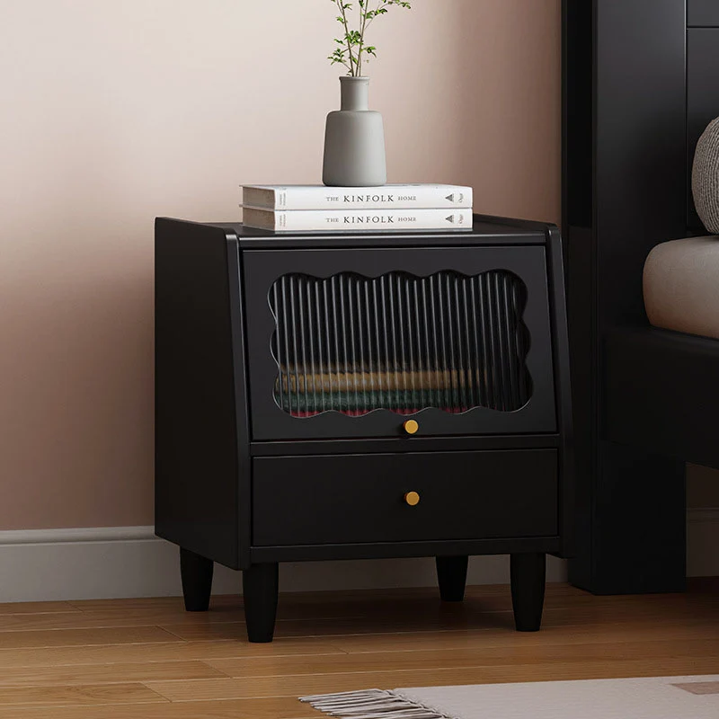 Contemporary Nordic Trapezoidal Rubberwood Pine Wood Plywood Reeded Glass Nightstand 1-Drawer For Bedroom