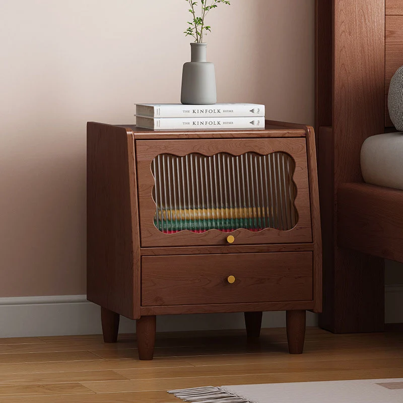 Contemporary Nordic Trapezoidal Rubberwood Pine Wood Plywood Reeded Glass Nightstand 1-Drawer For Bedroom