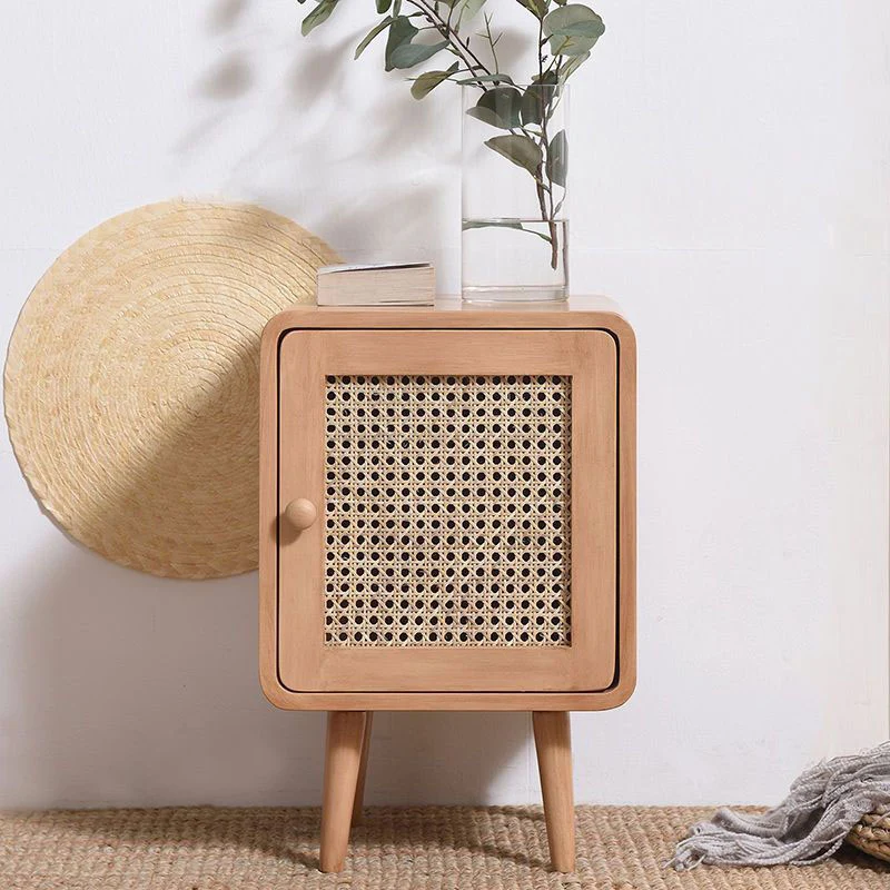 Traditional Rustic Square Rubberwood Plywood PE Rattan Weaving Nightstand 1-Cabinet For Bedroom