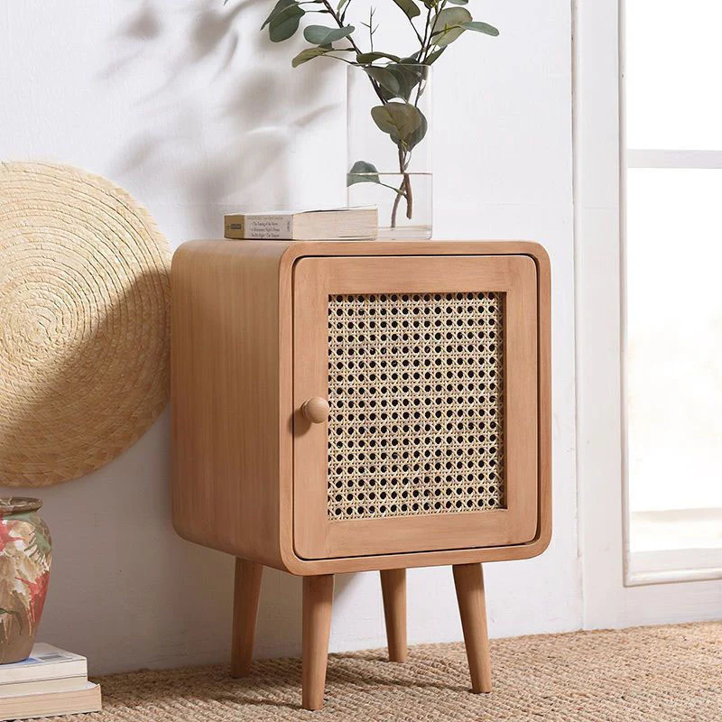 Traditional Rustic Square Rubberwood Plywood PE Rattan Weaving Nightstand 1-Cabinet For Bedroom