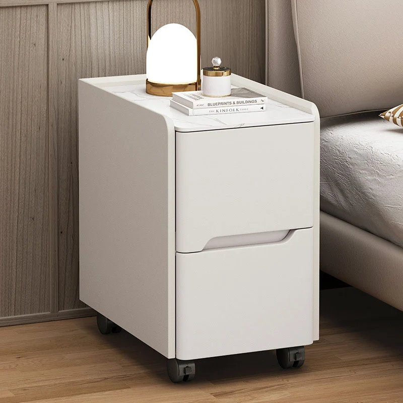 Contemporary Scandinavian Narrow Rectangular Rock Slab Pine Wood Plywood Cat Scratching Leather Hardware Movable Nightstand 2-Drawer For Bedroom