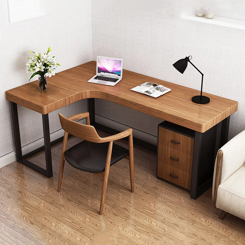 Modern Minimalist Pine Wood Plywood Iron PU Leather White Ash Wood L-Shaped Rectangular Desk & Chair Set 3-Drawer For Home & Office