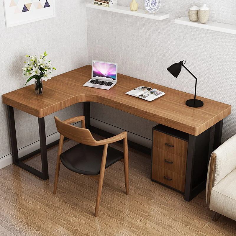 Modern Minimalist Pine Wood Plywood Iron PU Leather White Ash Wood L-Shaped Rectangular Desk & Chair Set 3-Drawer For Home & Office