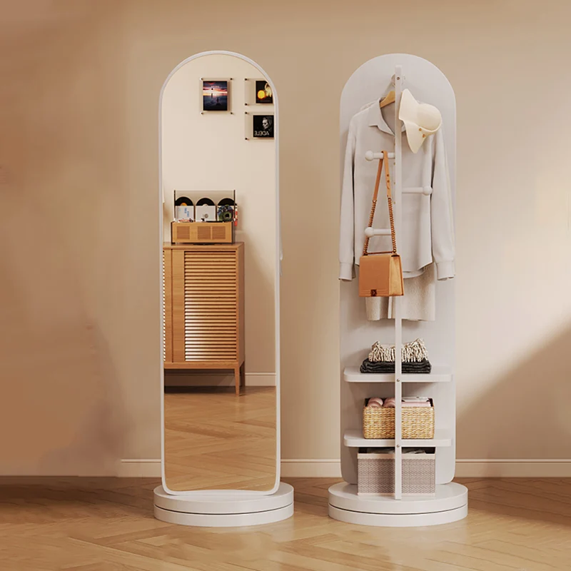 Modern Minimalist MDF Glass Arched Swivel Hall Tree 3-Tier Full-Length Mirror Storage For Bedroom & Living Room