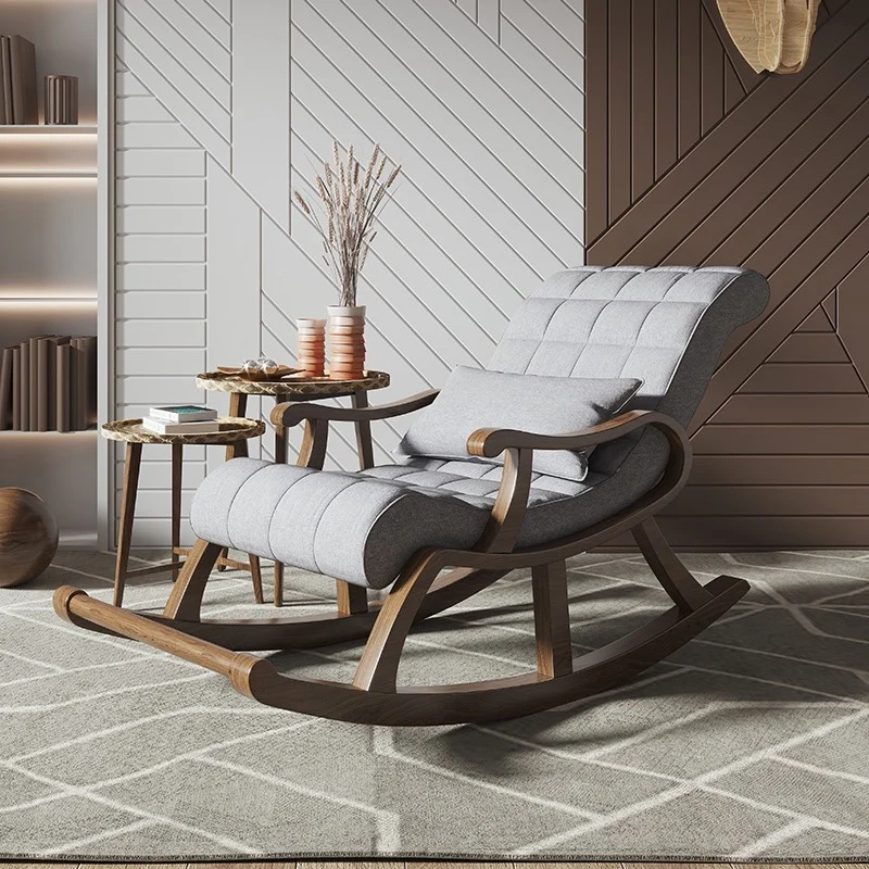 Contemporary Nordic Rubberwood Plywood Waterproof Fabric Rectangular Rocking Chair Backrest Armrest Comfortable Lounge Chair For Living Room