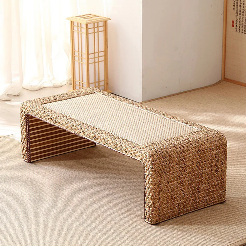 Traditional Japanese Poplar Wood Faux Leather Daffodil Rattan Weaving Rectangular Tatami Coffee Table & Stool Set For Living Room