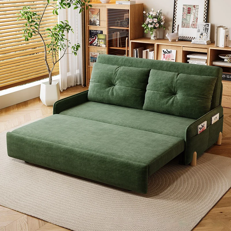 Contemporary Scandinavian Rectangular Corduroy Iron Eucalyptus Wood Leg Bed Folding Convertible Sofa Backrest Armless For Living Room