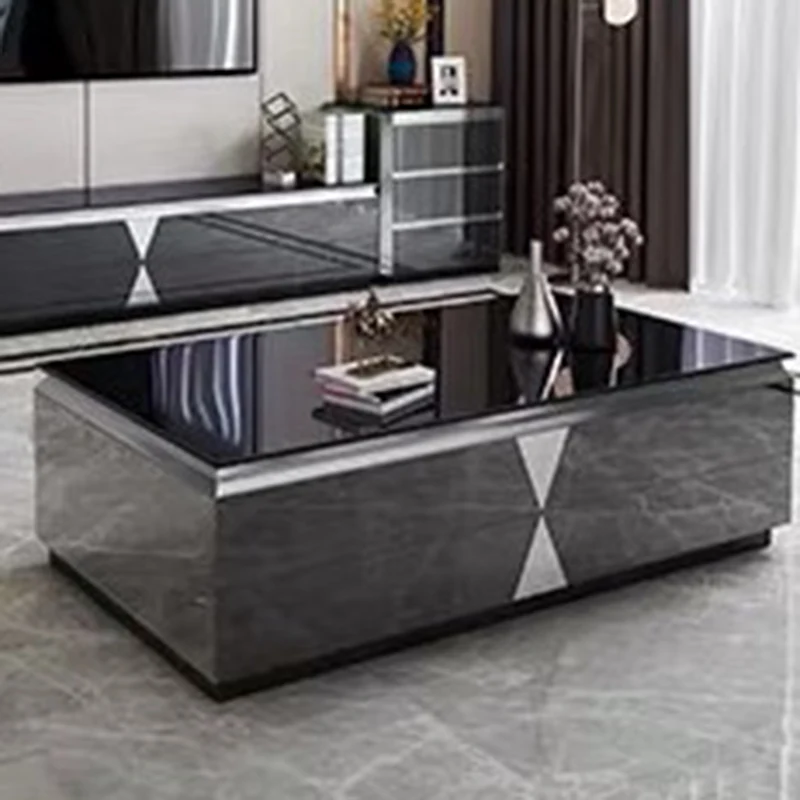 Modern Luxury Plywood Stainless Steel Stone Slab Rectangular Coffee Table 4-Drawer For Living Room