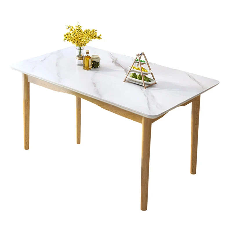 Modern White Rectangle Stone Dining Table with 4 Solid Wood Foot