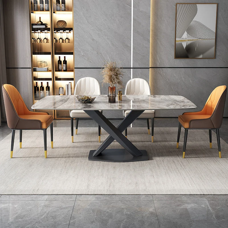 Modern Rectangular Grey Stone Top Dining Table with Black Pedestal