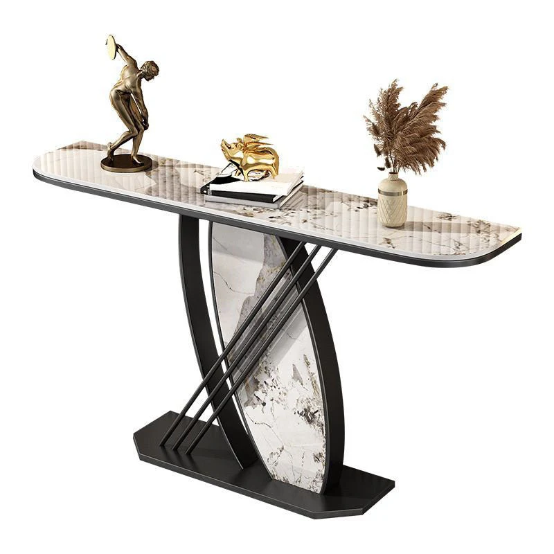 Glam Stone Iron Accent Table Half Moon Console Sofa Table for Hall