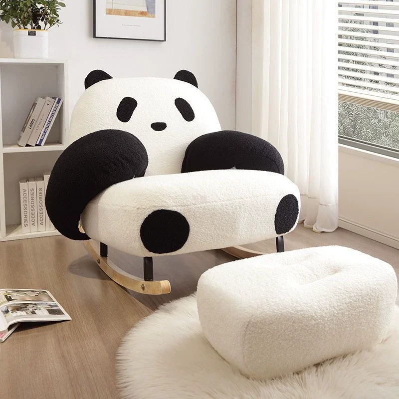 Contemporary Creative Square Rectangular Lamb Fleece Carbon Steel Rubberwood Panda Rocking Chair Backrest Armrest For Living Room