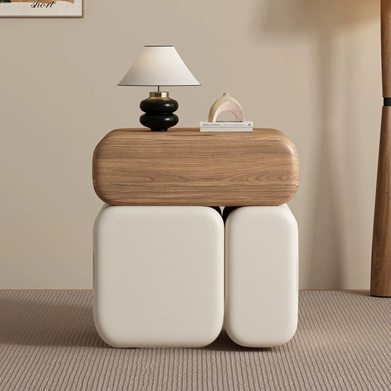 Modern Minimalist Solid Wood & Plywood Faux Leather Rounded Rectangular Nightstand With 3 Drawer Storage For Bedroom