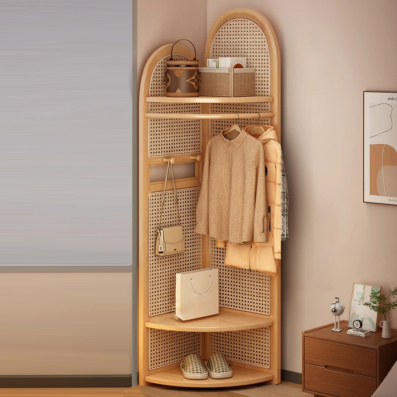 Traditional Japanese Fan-shaped Nan Bamboo Plastic Rattan Weaving Clothes Hanger Corner Shelf Unit 3-Tier For Living Room
