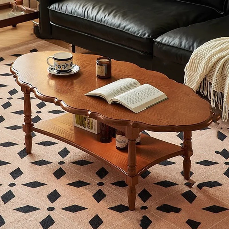 Traditional French Irregular Edge Oval Plywood Ash Wood Coffee Table 2-Tier For Living Room