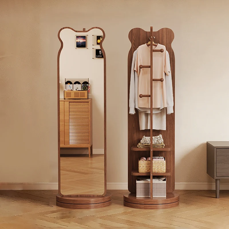 Modern Minimalist MDF Glass Rectangular Bear-shaped Hall Tree 3-Tier Storage Full-Length Mirror For Bedroom & Living Room