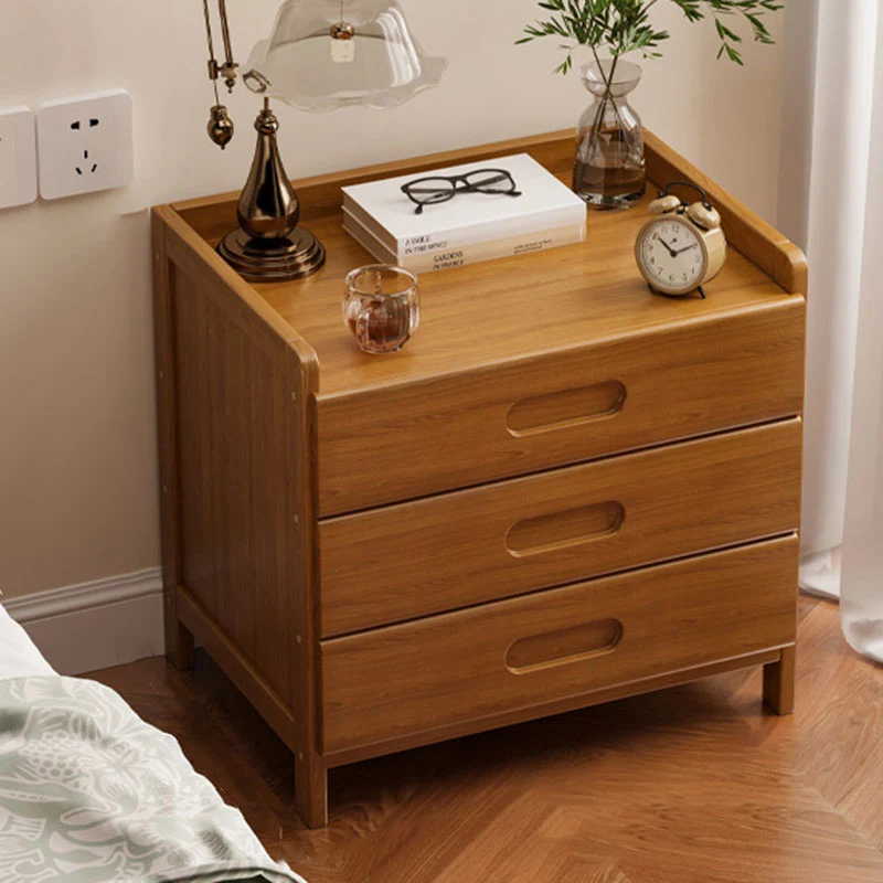 Traditional Rustic Rectangular Bamboo MDF Multi-Layer Large Capacity Nightstand 3-Drawer For Bedroom