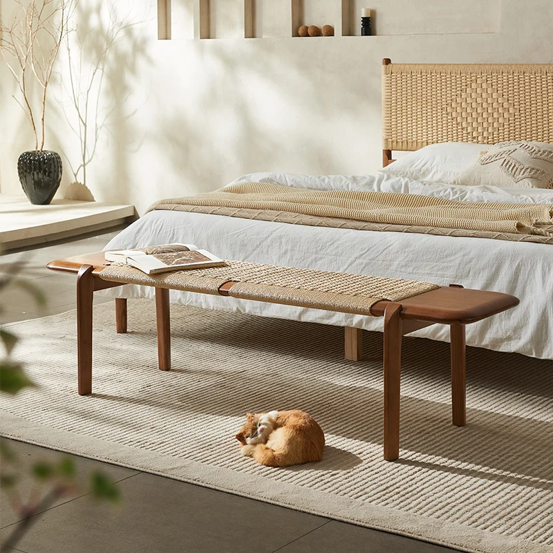 Traditional Rustic Smooth Edge Rectangular Ash Wood Cowhide Paper Rope Weaving Bedroom Bench Backless Armless For Bedroom