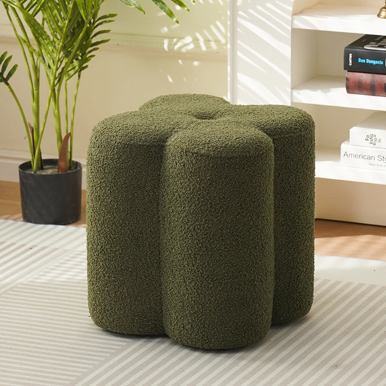 Traditional French Cylinder Petal Plywood Pine Wood Teddy Fleece Sponge Low Stool Backless Armless For Hallway