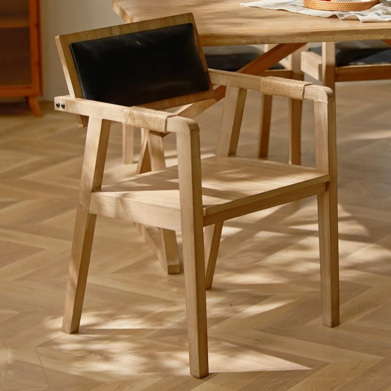 Contemporary Boho Rectangular Rubberwood Multilayer Board PU Leather Sponge Dining Chair Backrest Armrest For Dining Room & Kitchen