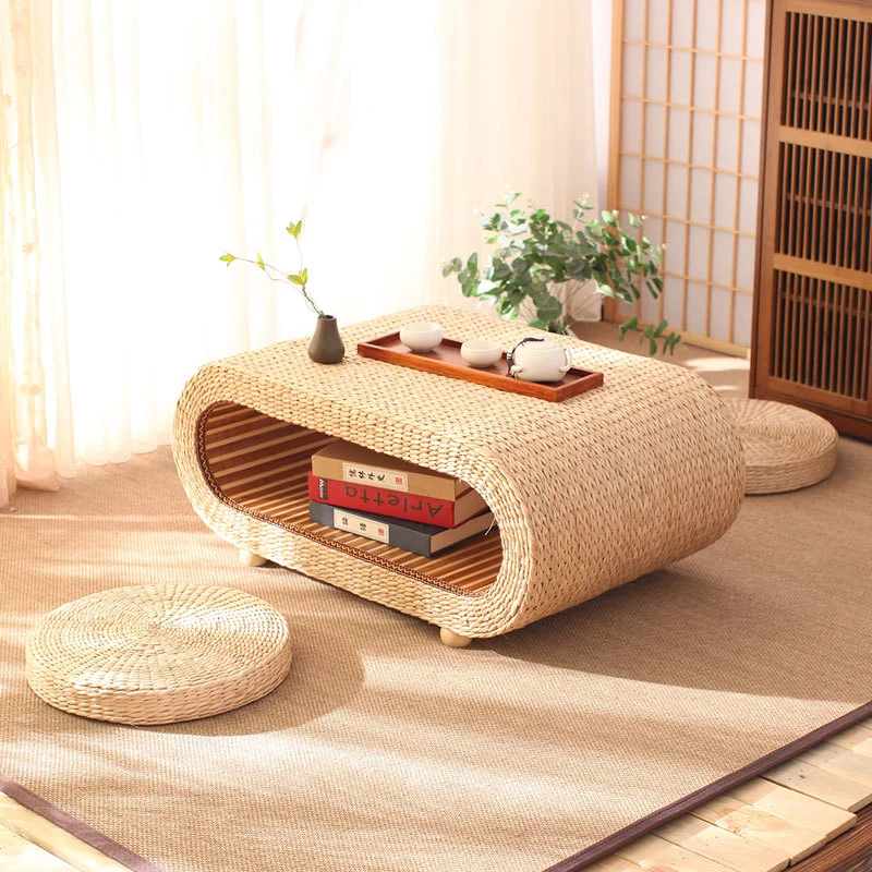 Traditional Japanese Bamboo Solid Wood Bulrush Steel EPE Round Ellipse Tatami Coffee Table & Stool 2-Tier Handwoven Weaving Storage For Living Room