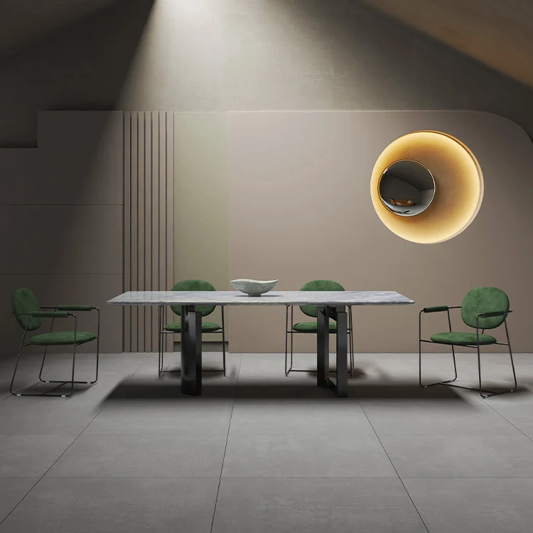 Contemporary Rectangle Blue Marble Dining Table with Double Pedestal