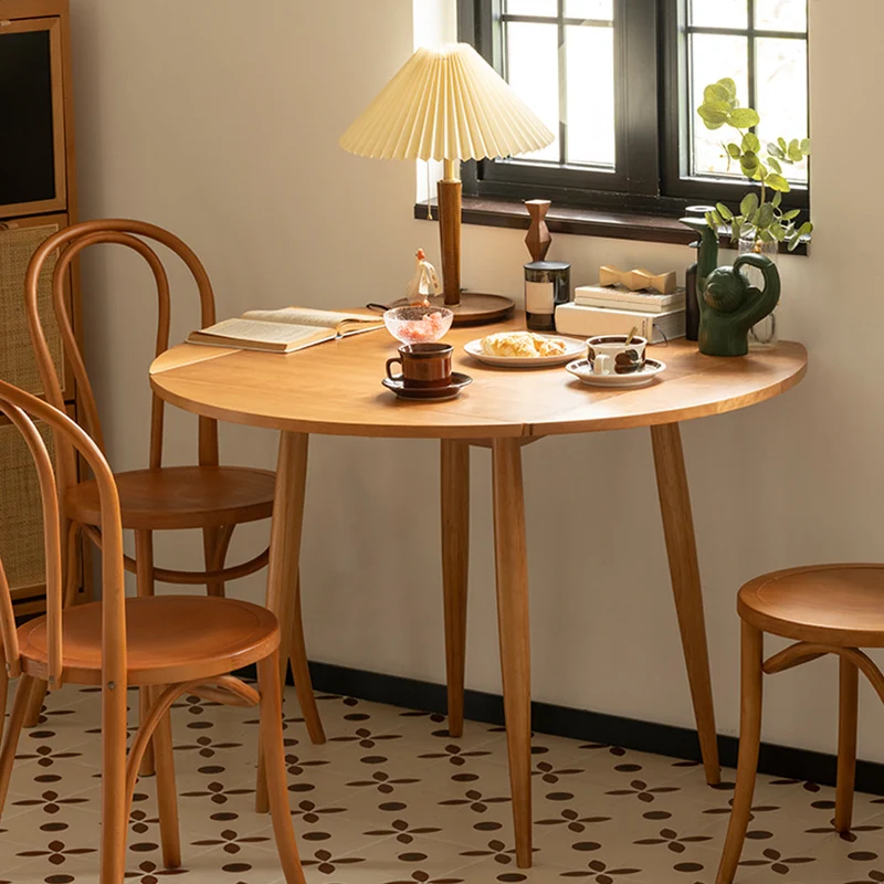 Modern Solid Wood Drop Leaf Round Top Dining Table with 4 Legs