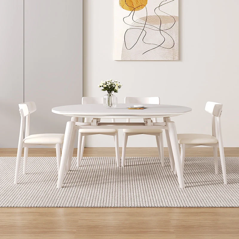 Contemporary Round Extendable Stone Dining Table with Wooden Legs