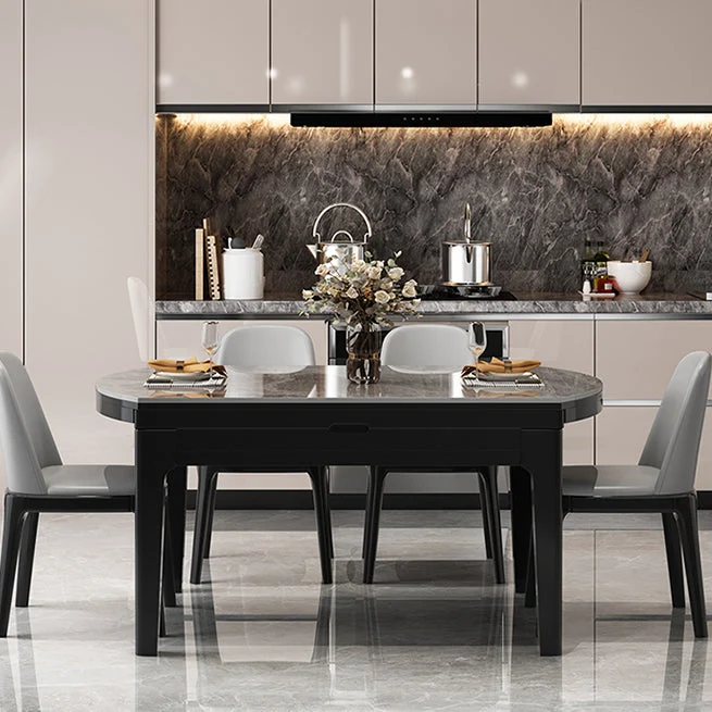 Modern Round Grey Stone Top Extendable Retractable Dining Table with 4 Rubberwood Black Legs