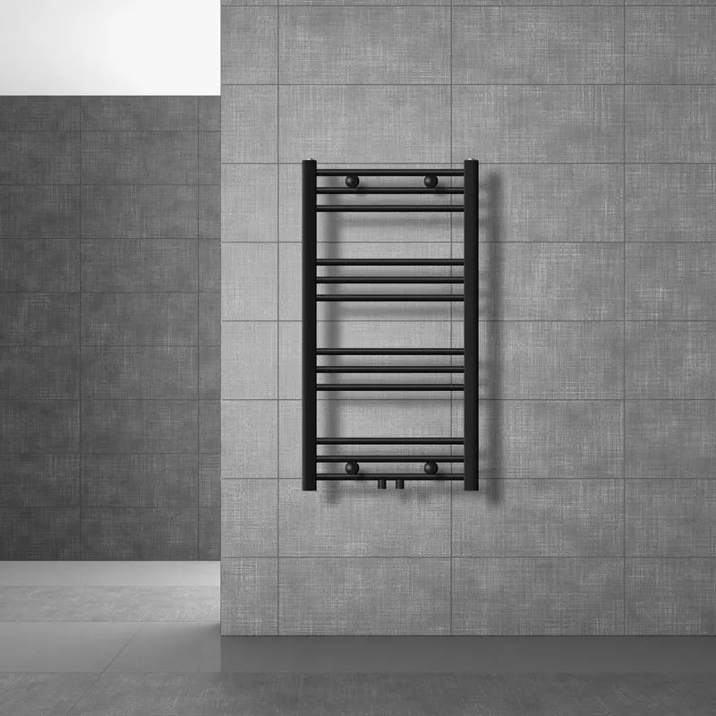 Badheizkörper Mittelanschluss 500x800 mm Schwarz matt gerade mit Universale Anschlussgarnitur LuxeBath