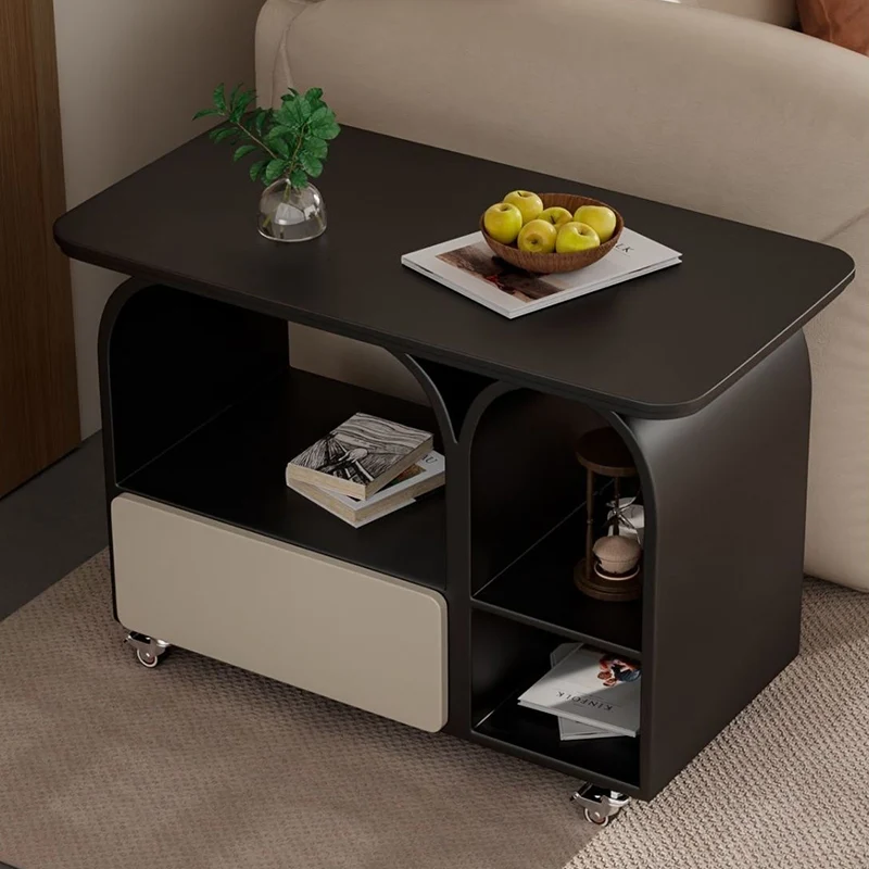Contemporary Scandinavian Sintered Stone Iron Solid Wood Rounded Rectangular Mobile Coffee Table With 3-Tier For Living Room
