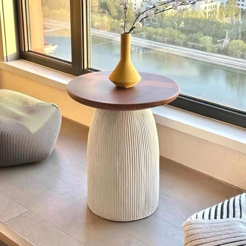 Contemporary Scandinavian Magnesium Oxide Round Textured Cylindrical Coffee Table 1-Tier For Living Room